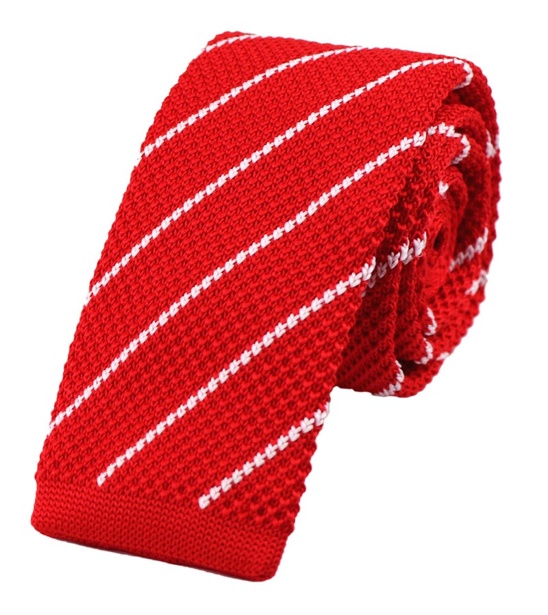 Elfeves Mens Casual Red White Woven Stripe Neck Ties Knit Formal Party Wedding Prom New Neckties Textured Distressed - Image 1